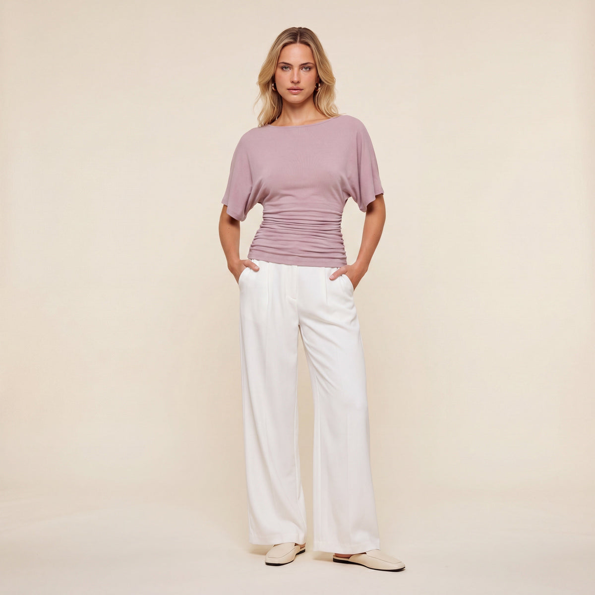 Everyday Ruched Boatneck Batwing Top